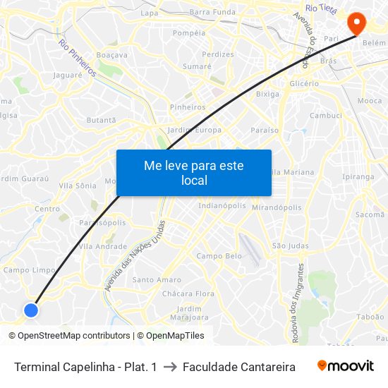 Terminal Capelinha - Plat. 1 to Faculdade Cantareira map