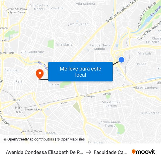 Avenida Condessa Elisabeth De Robiano 4810 to Faculdade Cantareira map