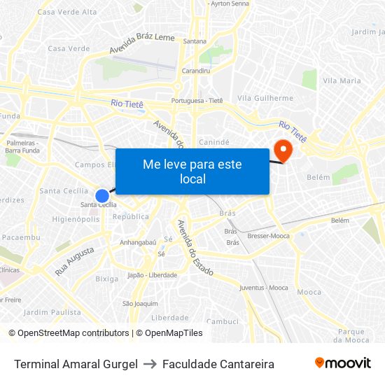Terminal Amaral Gurgel to Faculdade Cantareira map