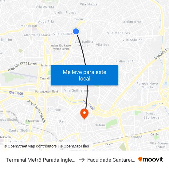 Terminal Metrô Parada Inglesa to Faculdade Cantareira map