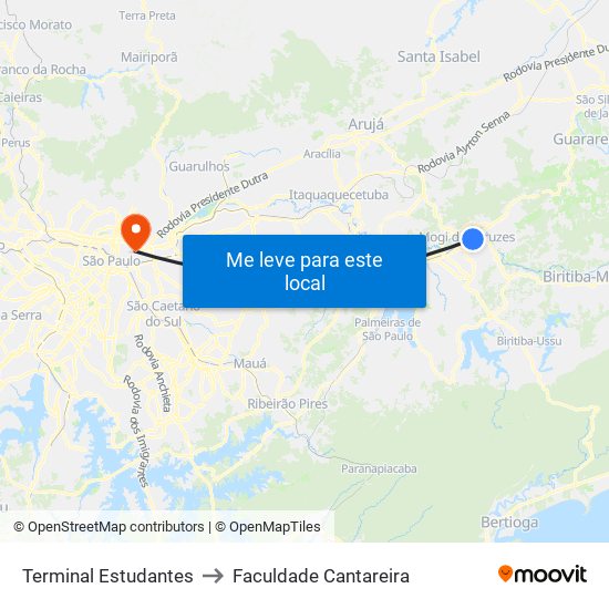 Terminal Estudantes to Faculdade Cantareira map