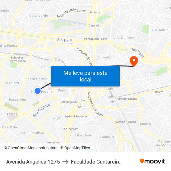 Avenida Angélica 1275 to Faculdade Cantareira map