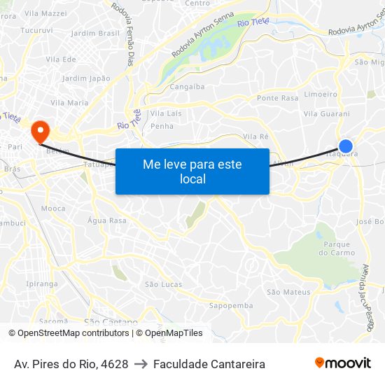 Av. Pires do Rio, 4628 to Faculdade Cantareira map