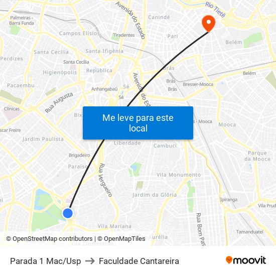 Parada 1 Mac/Usp to Faculdade Cantareira map