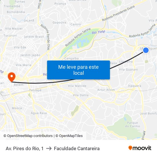 Av. Pires do Rio, 1 to Faculdade Cantareira map