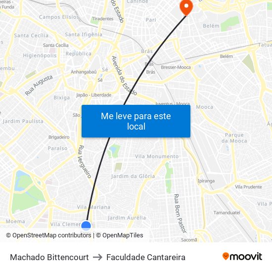 Machado Bittencourt to Faculdade Cantareira map