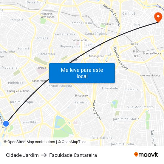 Cidade Jardim to Faculdade Cantareira map