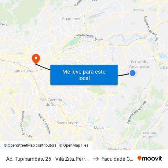 Ac. Tupinambás, 25 - Vila Zita, Ferraz de Vasconcelos to Faculdade Cantareira map