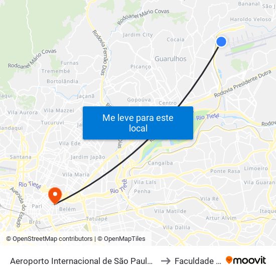 Aeroporto Internacional de São Paulo (Terminal de Passageiros 1) to Faculdade Cantareira map