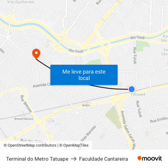 Terminal do Metro Tatuape to Faculdade Cantareira map