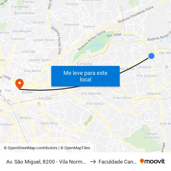 Av. São Miguel, 8200 - Vila Norma, São Paulo to Faculdade Cantareira map