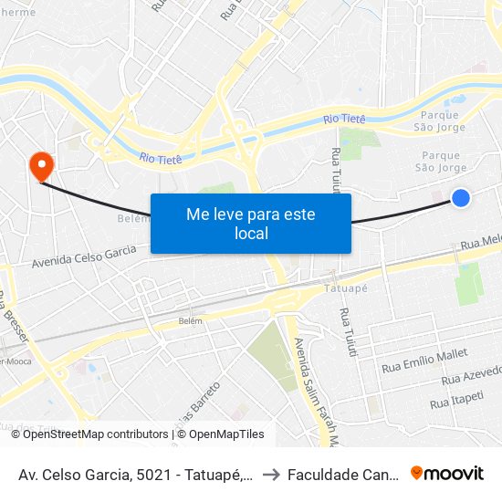 Av. Celso Garcia, 5021 - Tatuapé, São Paulo to Faculdade Cantareira map