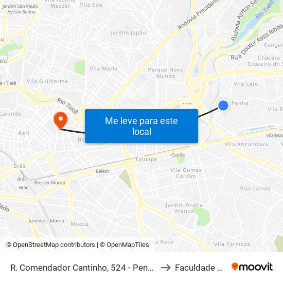 R. Comendador Cantinho, 524 - Penha de França, São Paulo to Faculdade Cantareira map