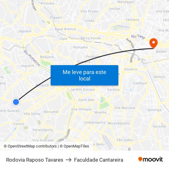 Rodovia Raposo Tavares to Faculdade Cantareira map