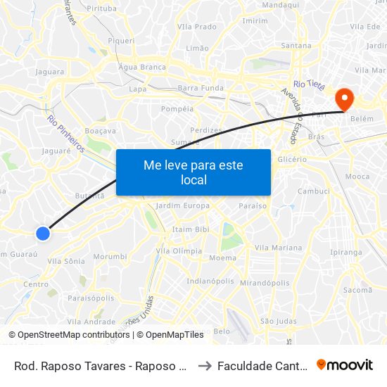 Rod. Raposo Tavares - Raposo Shopping to Faculdade Cantareira map