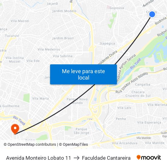 Avenida Monteiro Lobato 11 to Faculdade Cantareira map
