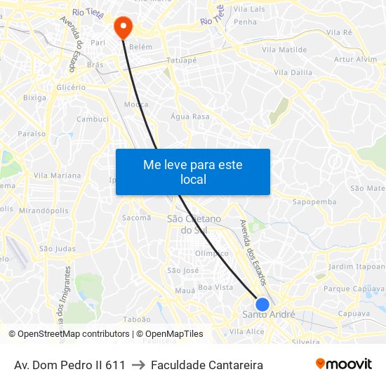 Av. Dom Pedro II 611 to Faculdade Cantareira map