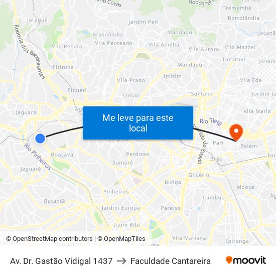 Av. Dr. Gastão Vidigal 1437 to Faculdade Cantareira map