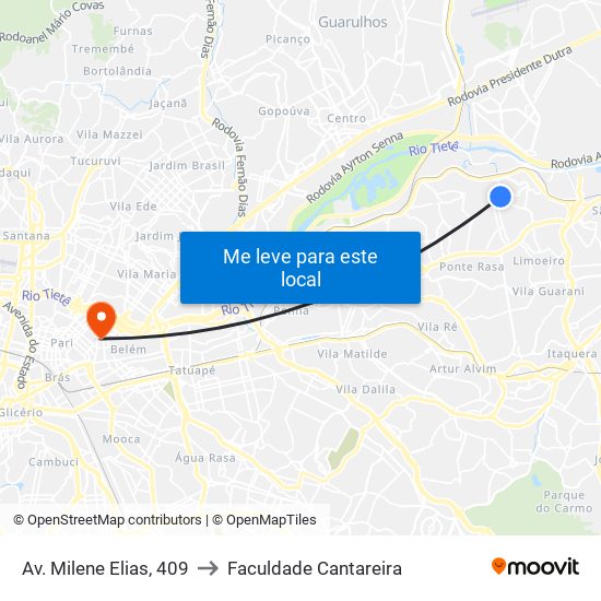 Av. Milene Elias, 409 to Faculdade Cantareira map