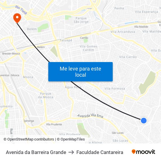 Avenida da Barreira Grande to Faculdade Cantareira map