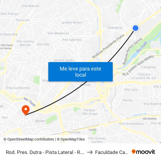 Rod. Pres. Dutra - Pista Lateral - R. Mavilda Neves to Faculdade Cantareira map