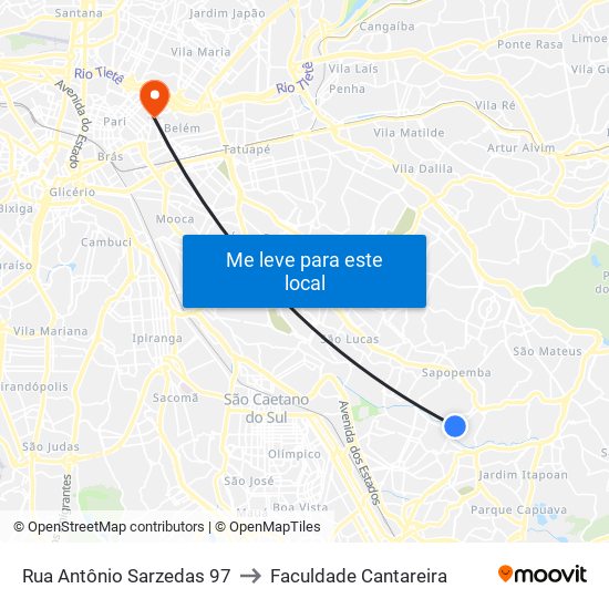 Rua Antônio Sarzedas 97 to Faculdade Cantareira map