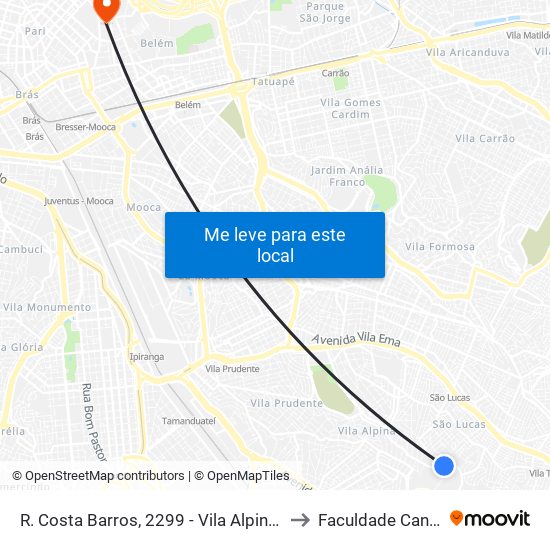 R. Costa Barros, 2299 - Vila Alpina, São Paulo to Faculdade Cantareira map