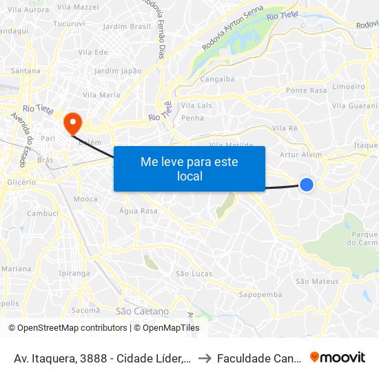 Av. Itaquera, 3888 - Cidade Líder, São Paulo to Faculdade Cantareira map