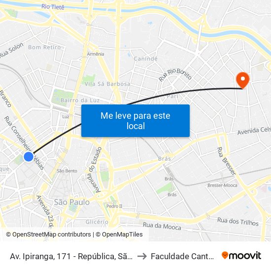 Av. Ipiranga, 171 - República, São Paulo to Faculdade Cantareira map