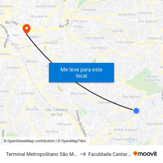 Terminal Metropolitano São Mateus to Faculdade Cantareira map