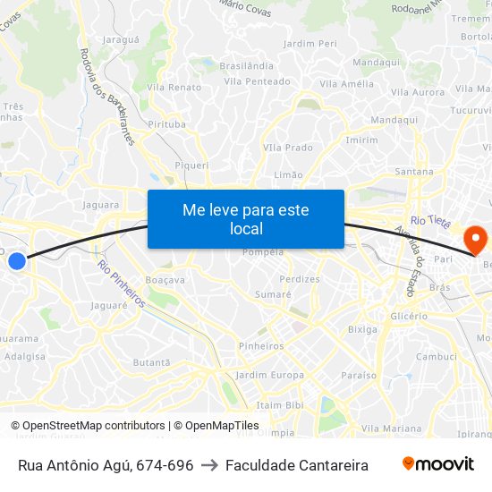 Rua Antônio Agú, 674-696 to Faculdade Cantareira map