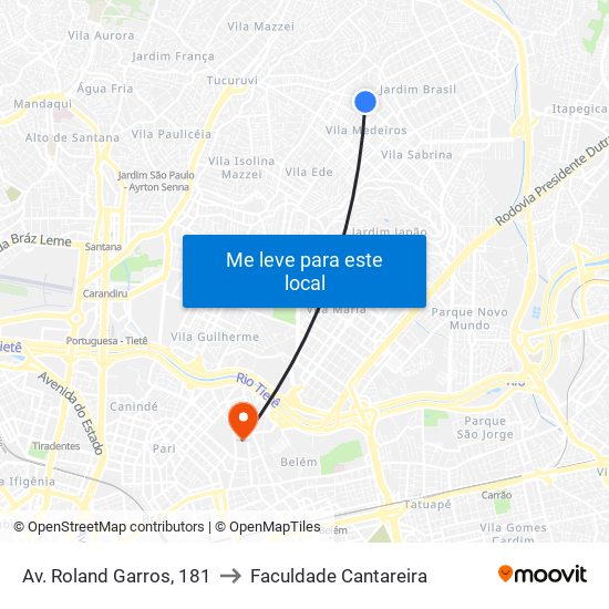 Av. Roland Garros, 181 to Faculdade Cantareira map