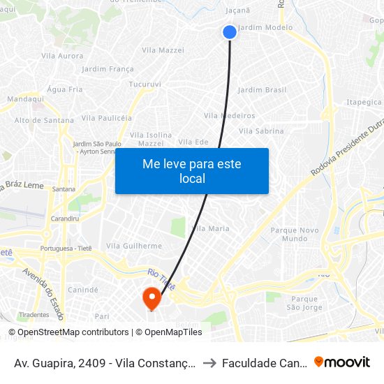 Av. Guapira, 2409 - Vila Constança, São Paulo to Faculdade Cantareira map