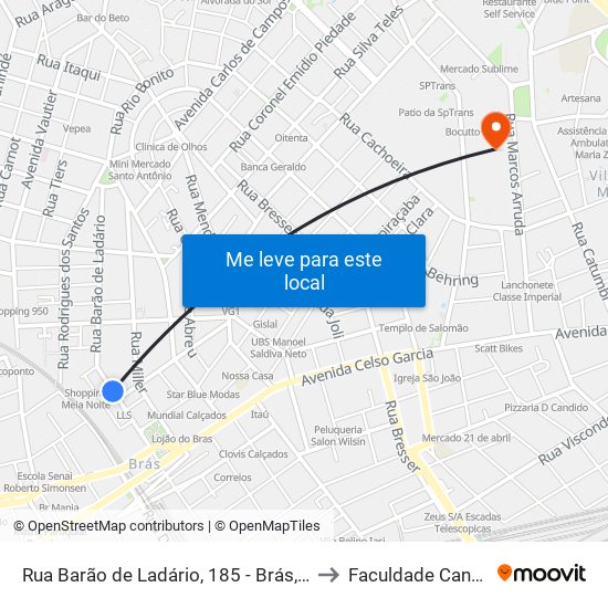 Rua Barão de Ladário, 185 - Brás, São Paulo to Faculdade Cantareira map