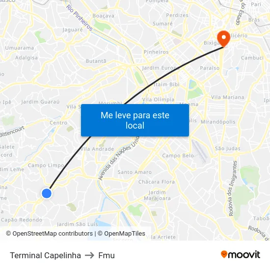 Terminal Capelinha to Fmu map