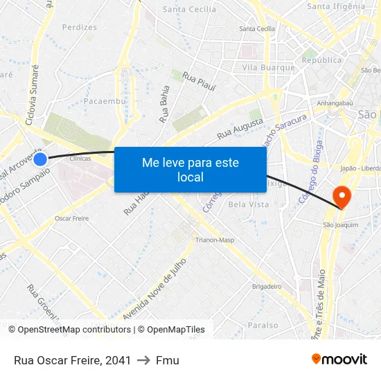 Rua Oscar Freire, 2041 to Fmu map