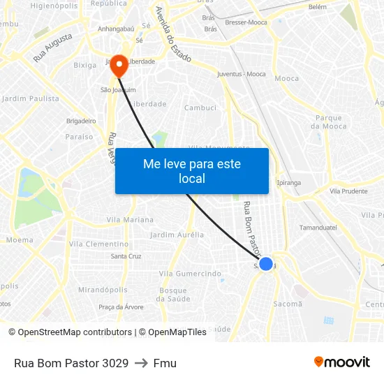 Rua Bom Pastor 3029 to Fmu map