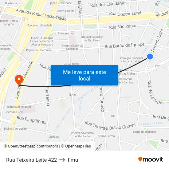 Rua Teixeira Leite 422 to Fmu map