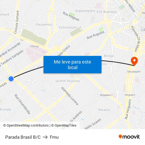 Parada Brasil B/C to Fmu map