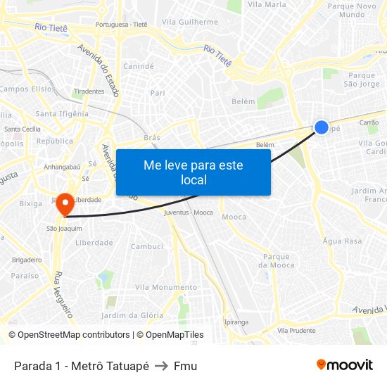 Parada 1 - Metrô Tatuapé to Fmu map