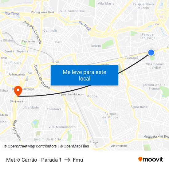 Metrô Carrão - Parada 1 to Fmu map