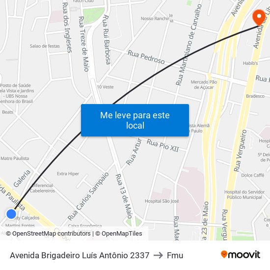 Avenida Brigadeiro Luís Antônio 2337 to Fmu map