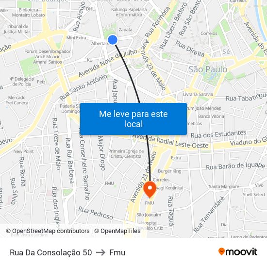 Rua Da Consolação 50 to Fmu map