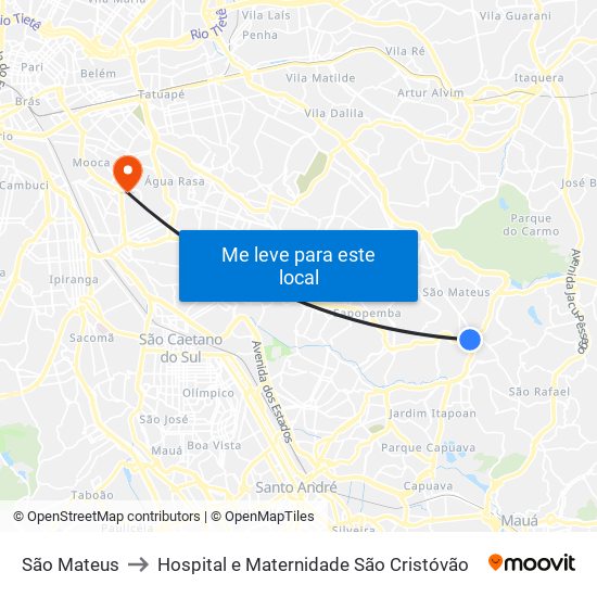 São Mateus to Hospital e Maternidade São Cristóvão map