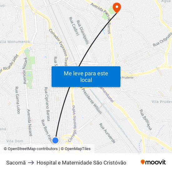 Sacomã to Hospital e Maternidade São Cristóvão map