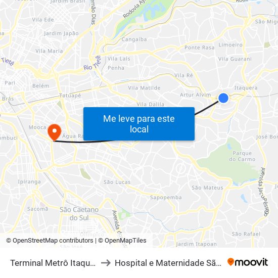 Terminal Metrô Itaquera Norte to Hospital e Maternidade São Cristóvão map