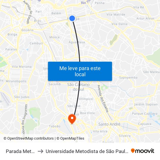 Parada Metrô Tatuapé to Universidade Metodista de São Paulo (Campus Rudge Ramos ) map