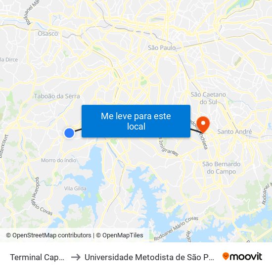 Terminal Capelinha - Plat. 1 to Universidade Metodista de São Paulo (Campus Rudge Ramos ) map