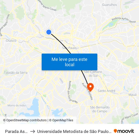 Parada Assaí ( B/C) to Universidade Metodista de São Paulo (Campus Rudge Ramos ) map