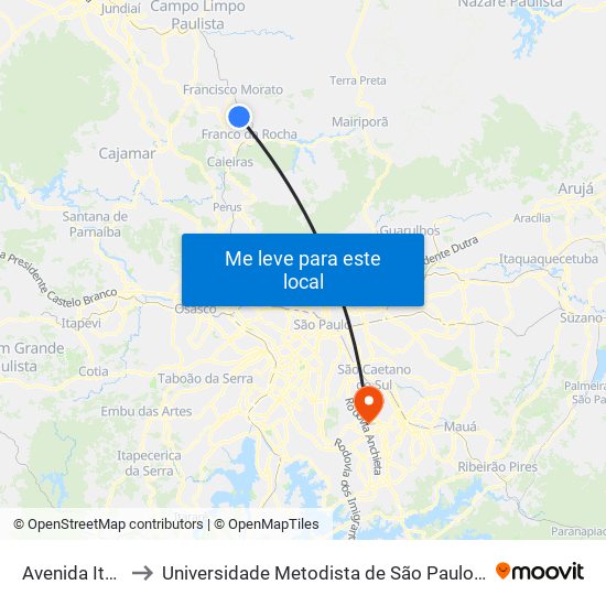 Avenida Itararé 180 to Universidade Metodista de São Paulo (Campus Rudge Ramos ) map